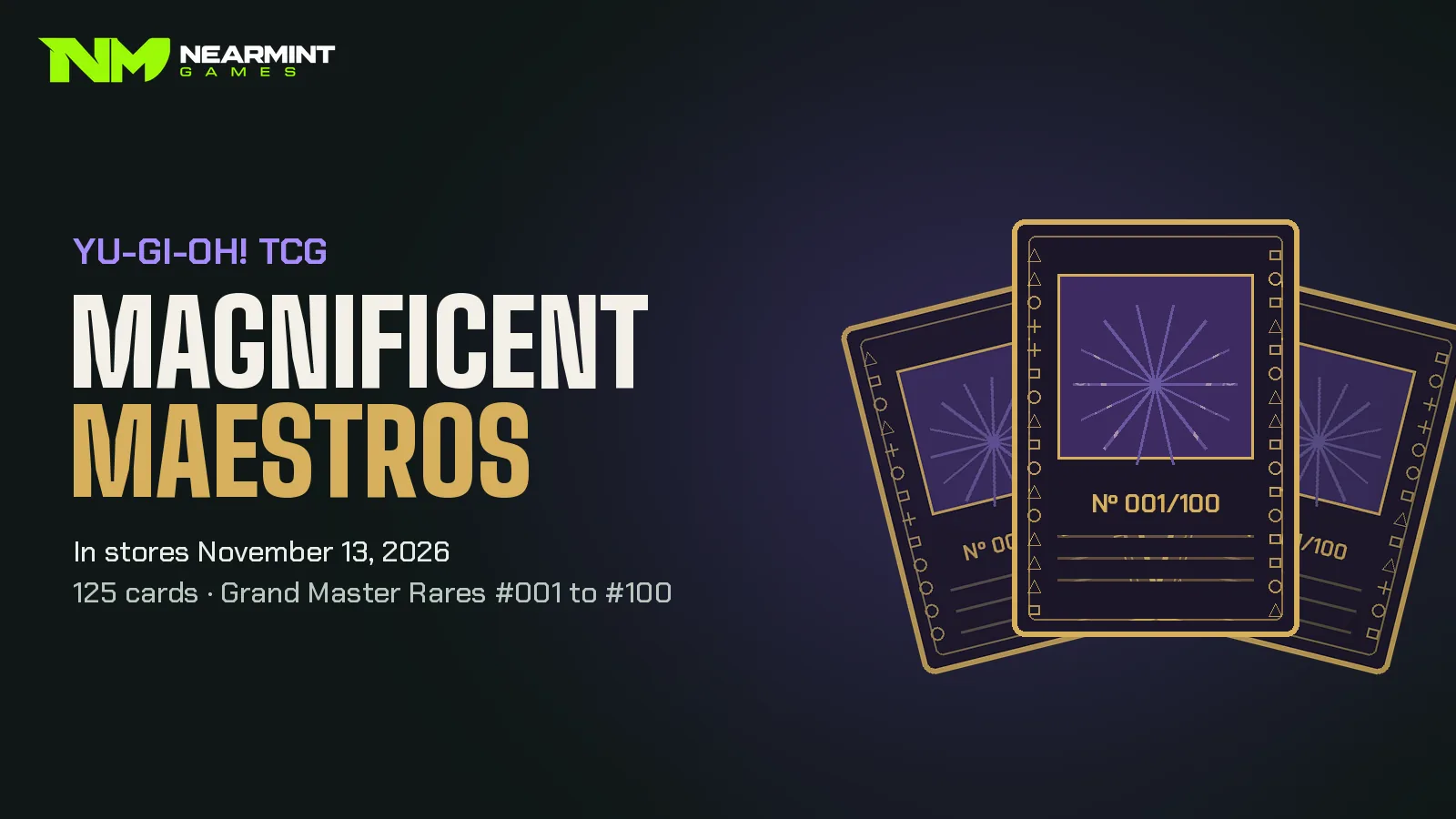 Yu-Gi-Oh! Magnificent Maestros set banner with gold-framed serial-numbered cards